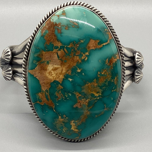 Bracelet, Cuff, Premium Royston Turquoise, Rope Bezel, Starbursts, 100+ ct, Michael Calditto (1) (1) (1) - Turquoise Mustang