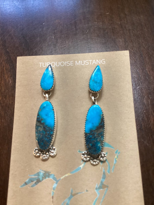 Earring, Ithaca Peak Turquoise pear shaped posts w oval drops, Selena Warner - Turquoise Mustang