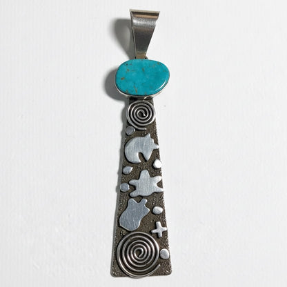 Petroglyph Overlay Pendant with Freeform Kingman Turquoise Stone, by Alex Sanchez - Turquoise Mustang