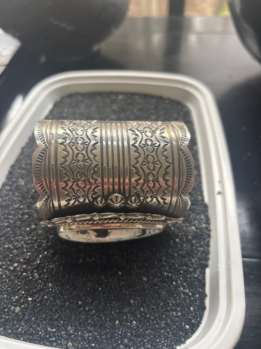 Extra wide cuff, White Buffalo Oval, in Heavy Gauge Sterling Silver by Chris Yazzie - Turquoise Mustang