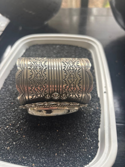 Extra wide cuff, White Buffalo Oval, in Heavy Gauge Sterling Silver by Chris Yazzie - Turquoise Mustang
