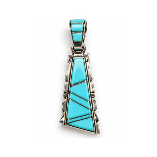 Long Turquoise Inlay Sterling Silver Tapered Pendant with Matching Inlaid Bail, Zuni - Turquoise Mustang