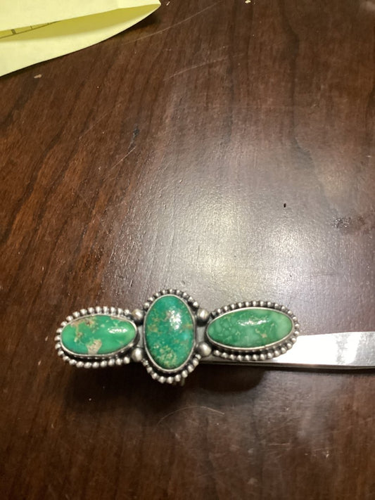 Ring, 3 - Stone Ovals, Natural Emerald Valley, Bobby Johnson - Turquoise Mustang