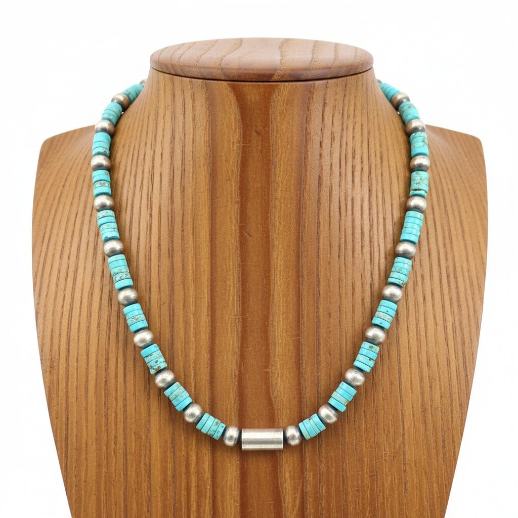 18" Lone Mountain Turquoise Heishi Necklace with 10mm Sterling Silver Pearls & Center Silver Tube Bead - Turquoise Mustang