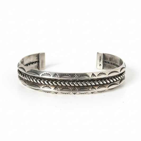 Sterling Silver Rope & Stampwork Cuff, J. Tahe - Turquoise Mustang
