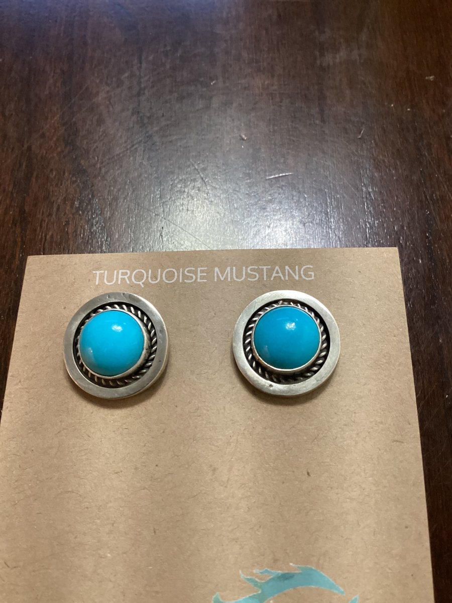 Earring, round, Rope bezel, posts, sleeping Beauty, ED Abeyeta - Turquoise Mustang