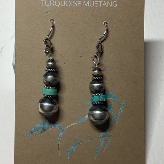 Earrings, 3 N - Pearls and 1 Heishi Drop, Turquoise Mustang - Turquoise Mustang
