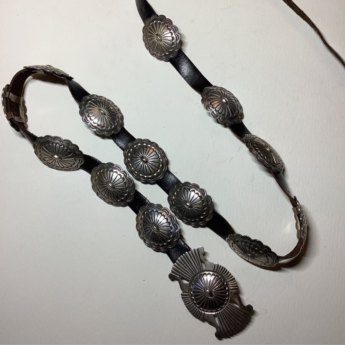 Stampwork Silver Cocnho Belt with 13 Ovals and Butterfly Buckle, Wiullie Shaw - Turquoise Mustang