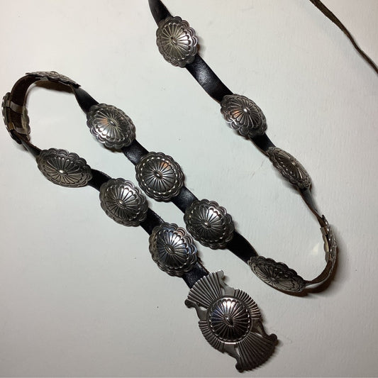 Stampwork Silver Cocnho Belt with 13 Ovals and Butterfly Buckle, Wiullie Shaw - Turquoise Mustang