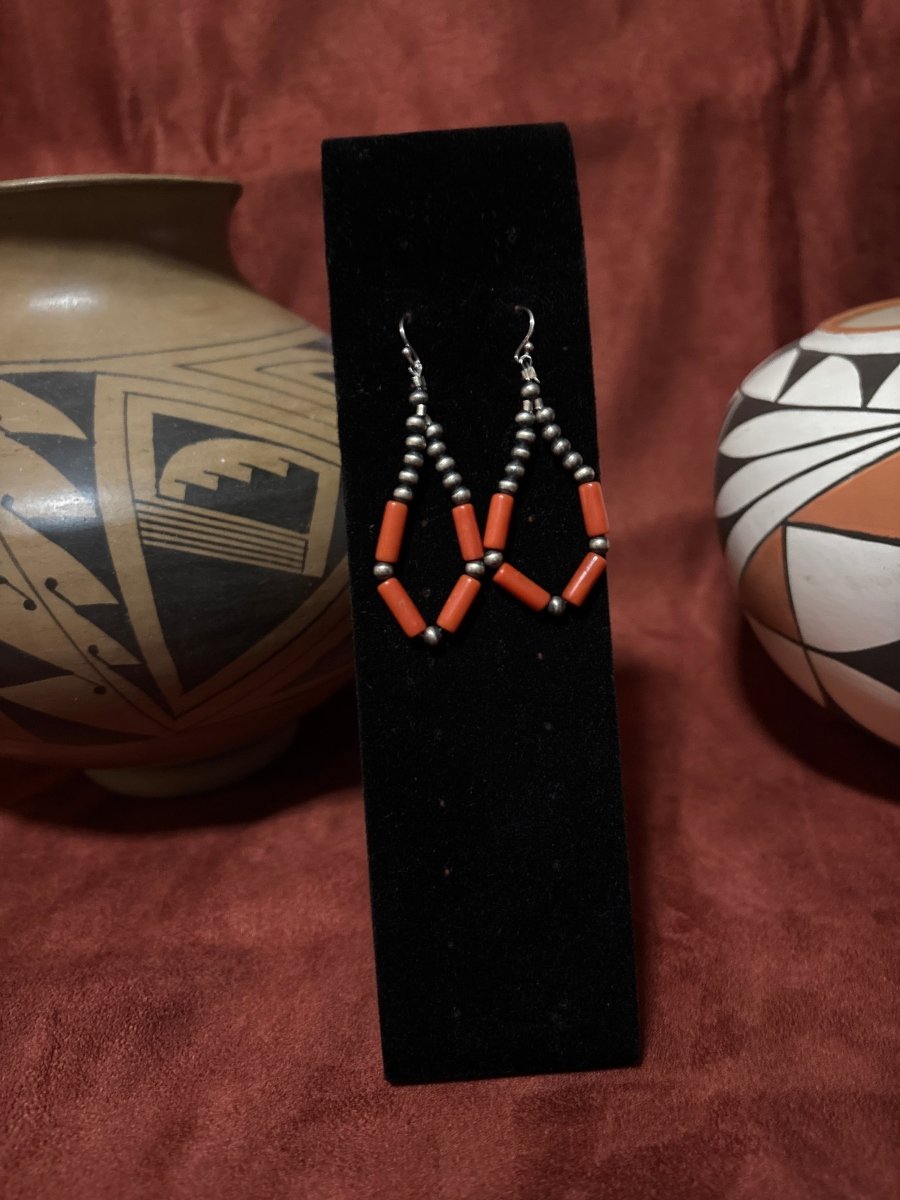 Earrings, 4mm Navajo Pearls with Mediterranean Coral tubes, Turquoise Mustang - Turquoise Mustang