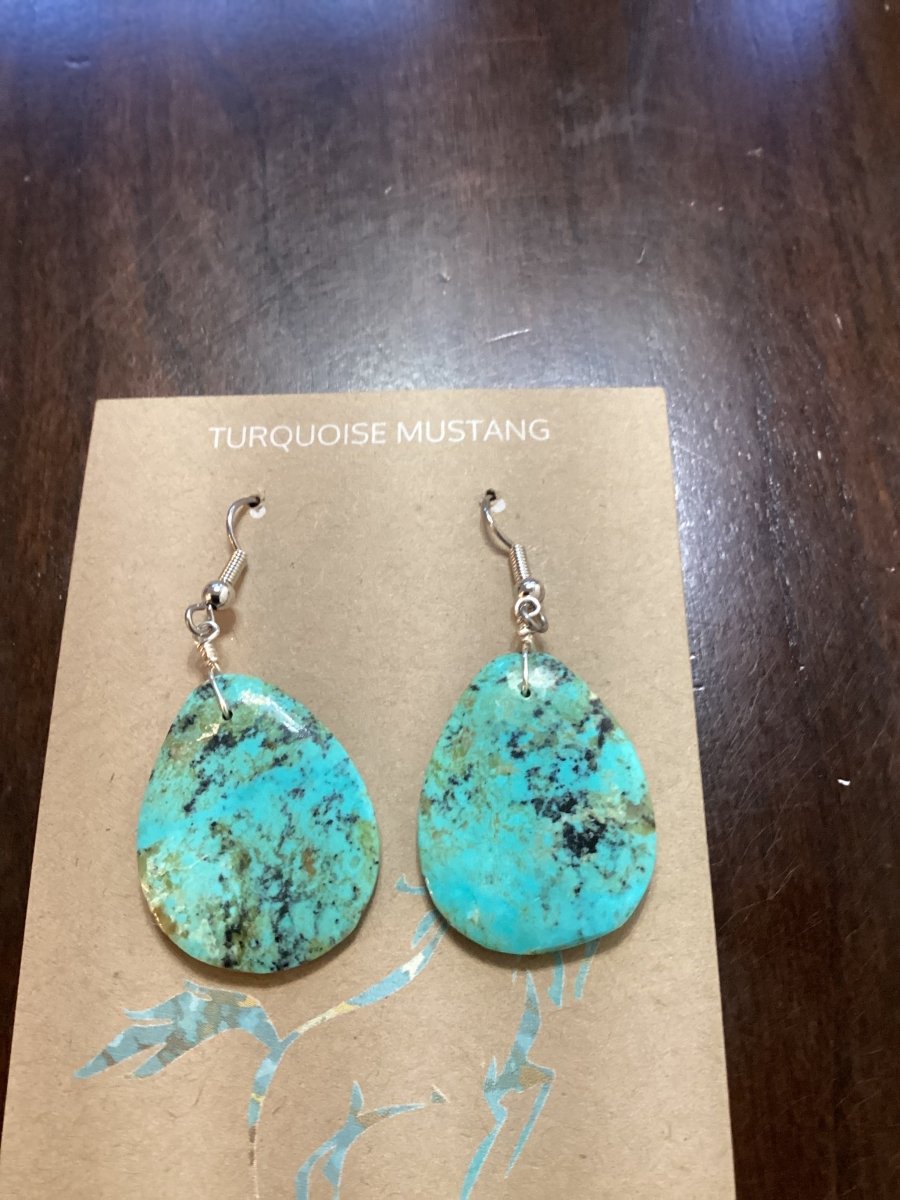 Earrings. Turquoise Slabs Long, Zacateca, Robert Nieto - Turquoise Mustang