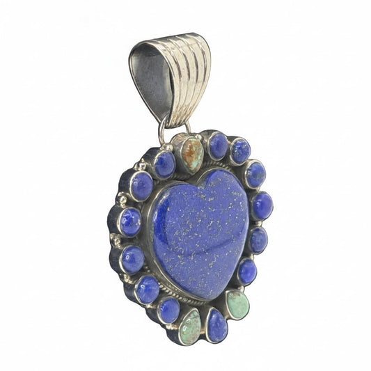 The Marguerite Daisy Heart Cluster Pendant in Premium Lapis Lazuli with Green Turquoise Accents - Turquoise Mustang