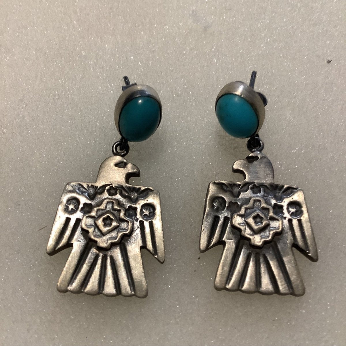 Earrings, Medium Thunderbirds with Zia, TQ Studs, DD - Turquoise Mustang