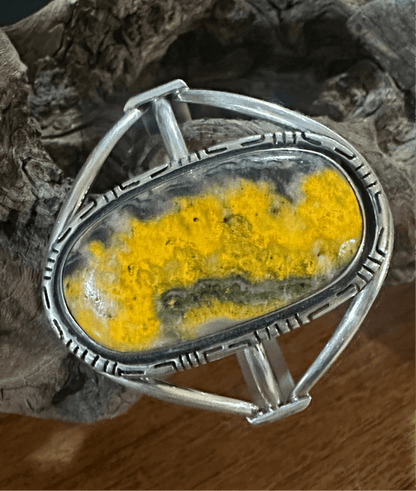 Elegant Sterling Silver Cuff with Large Oval Bumblebee Jasper Stone, Hallmarked - Turquoise Mustang
