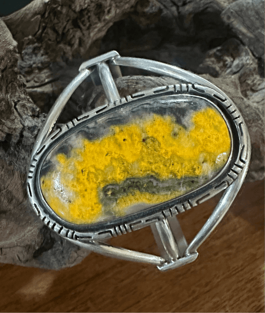 Elegant Sterling Silver Cuff with Large Oval Bumblebee Jasper Stone, Hallmarked - Turquoise Mustang