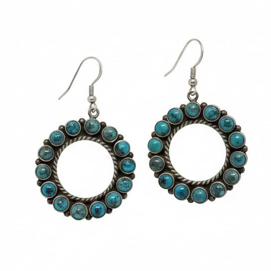 Ceremonial Kingman Turquoise Hoop Earrings | Native American Sterling Silver Dangles - Turquoise Mustang