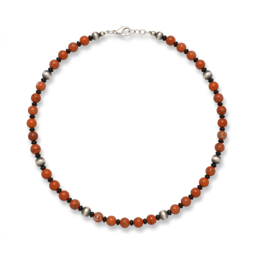 23-Inch Red Jasper & Black Onyx Bead Necklace with Sterling Silver Accents - Turquoise Mustang