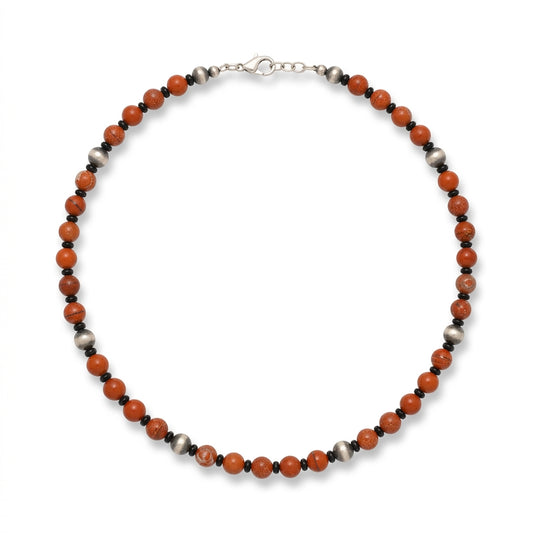 23-Inch Red Jasper & Black Onyx Bead Necklace with Sterling Silver Accents - Turquoise Mustang