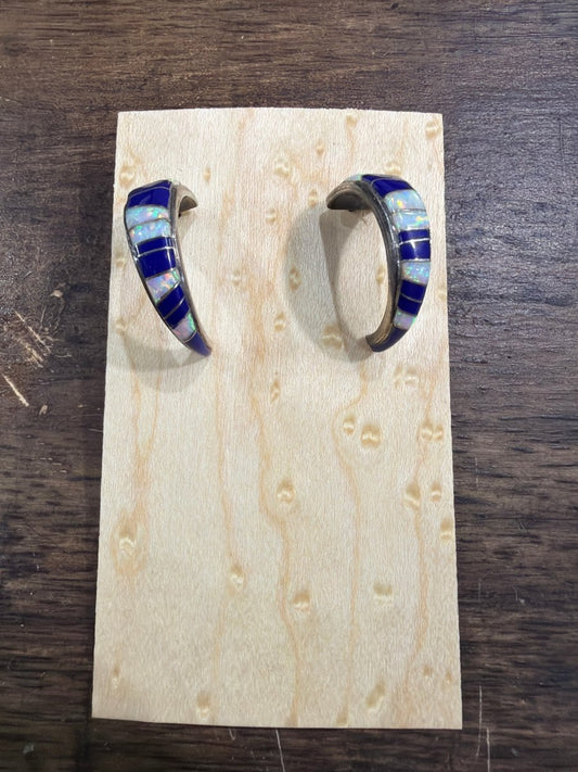 Zuni Lapis & Opal Inlay Half Hoop Earrings - Turquoise Mustang