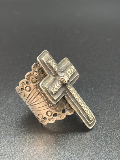Stamped and Oxidized Cross Ring with Pierced Shank, Size 6.5 Darrell Cadman - Turquoise Mustang