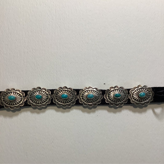 Bracelet, Leather w/ Large Oval conchos, Oval TQ, DD - Turquoise Mustang