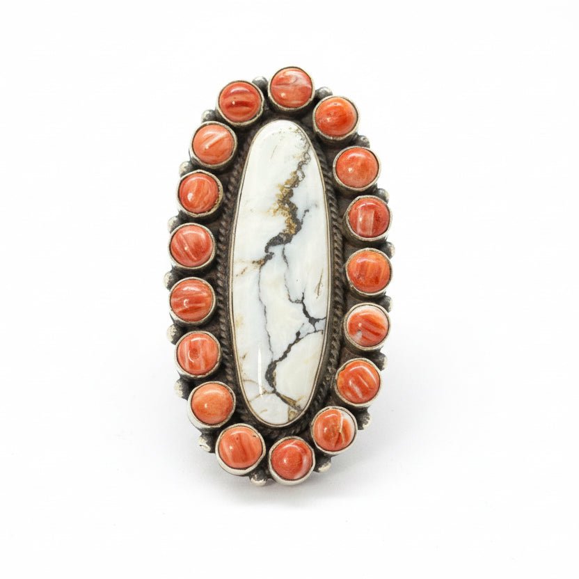White Buffalo and Red Spiny Oyster Cluster Ring, Peterson Johnson - Turquoise Mustang