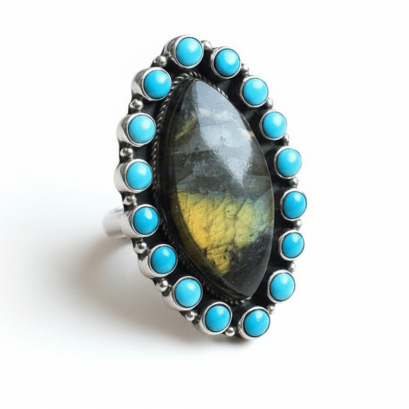 Bumblebee Jasper and Kingman Turquoise Cluster Ring - Turquoise Mustang