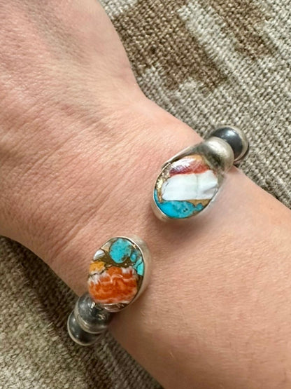Memory Wire Cuff with Multi - Stone End Caps, by HaDa - Turquoise Mustang