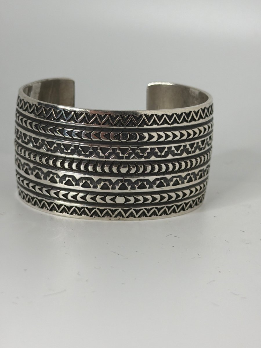 Solid Sterling Silver 7 - Row Stampwork Cuff Bracelet, D. Reeves - Turquoise Mustang