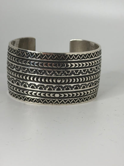 Solid Sterling Silver 7 - Row Stampwork Cuff Bracelet, D. Reeves - Turquoise Mustang