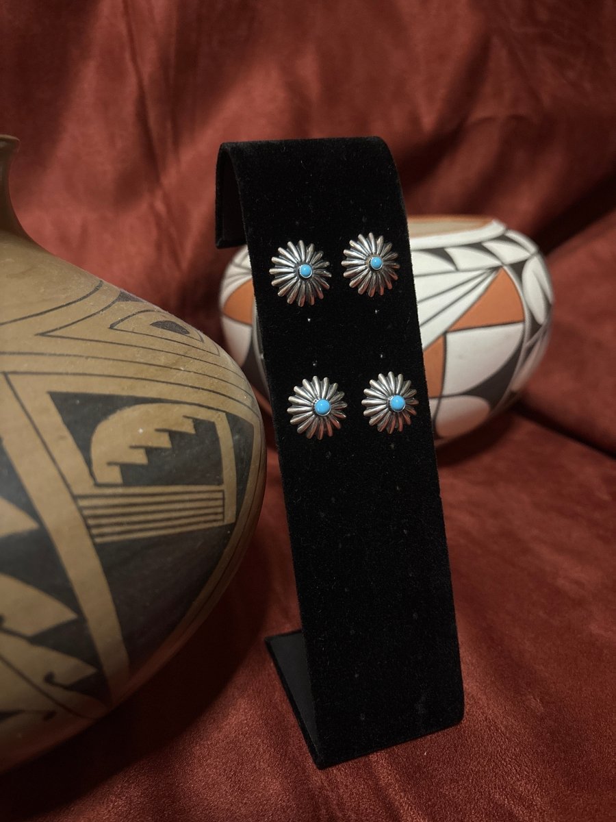 Earrings, Peyote Button Concho Studs w/Turquoise Center - Turquoise Mustang
