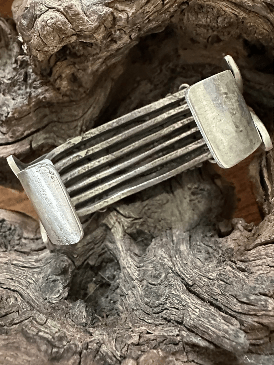 Heavy Stamped Sterling Silver Tufa Cast Cuff with Large Freeform Broken Arrow Cabachon, by Navajo Silversmith Kris Willie - Turquoise Mustang