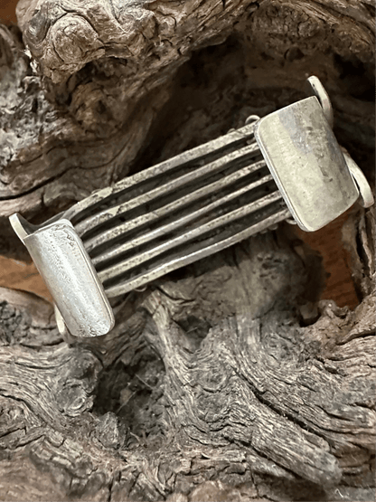 Heavy Stamped Sterling Silver Tufa Cast Cuff with Large Freeform Broken Arrow Cabachon, by Navajo Silversmith Kris Willie - Turquoise Mustang