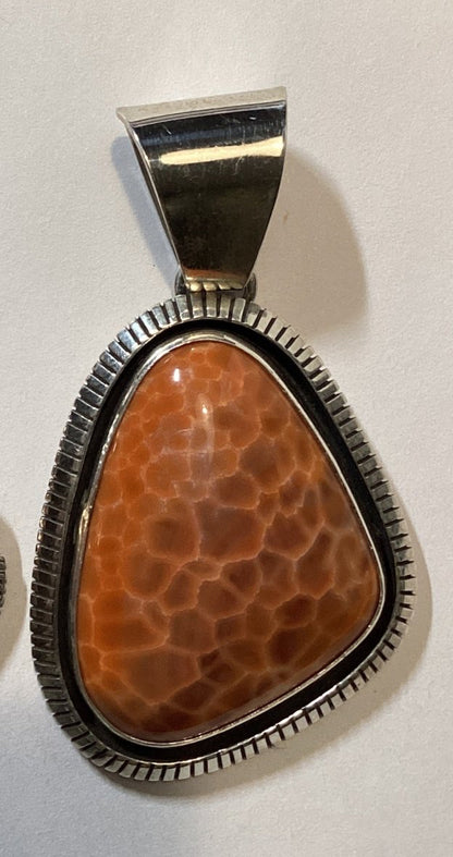 Large Freeform Fire Agate Pendant with Filework Bezel, Charley Willie - Turquoise Mustang