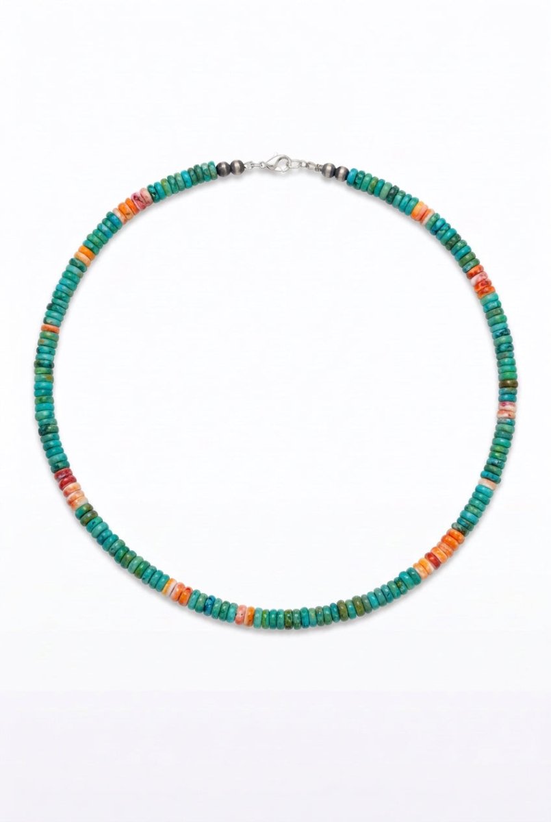 Kingman Turquoise & Spiny Oyster Heishi Necklace | Sterling Silver - Turquoise Mustang