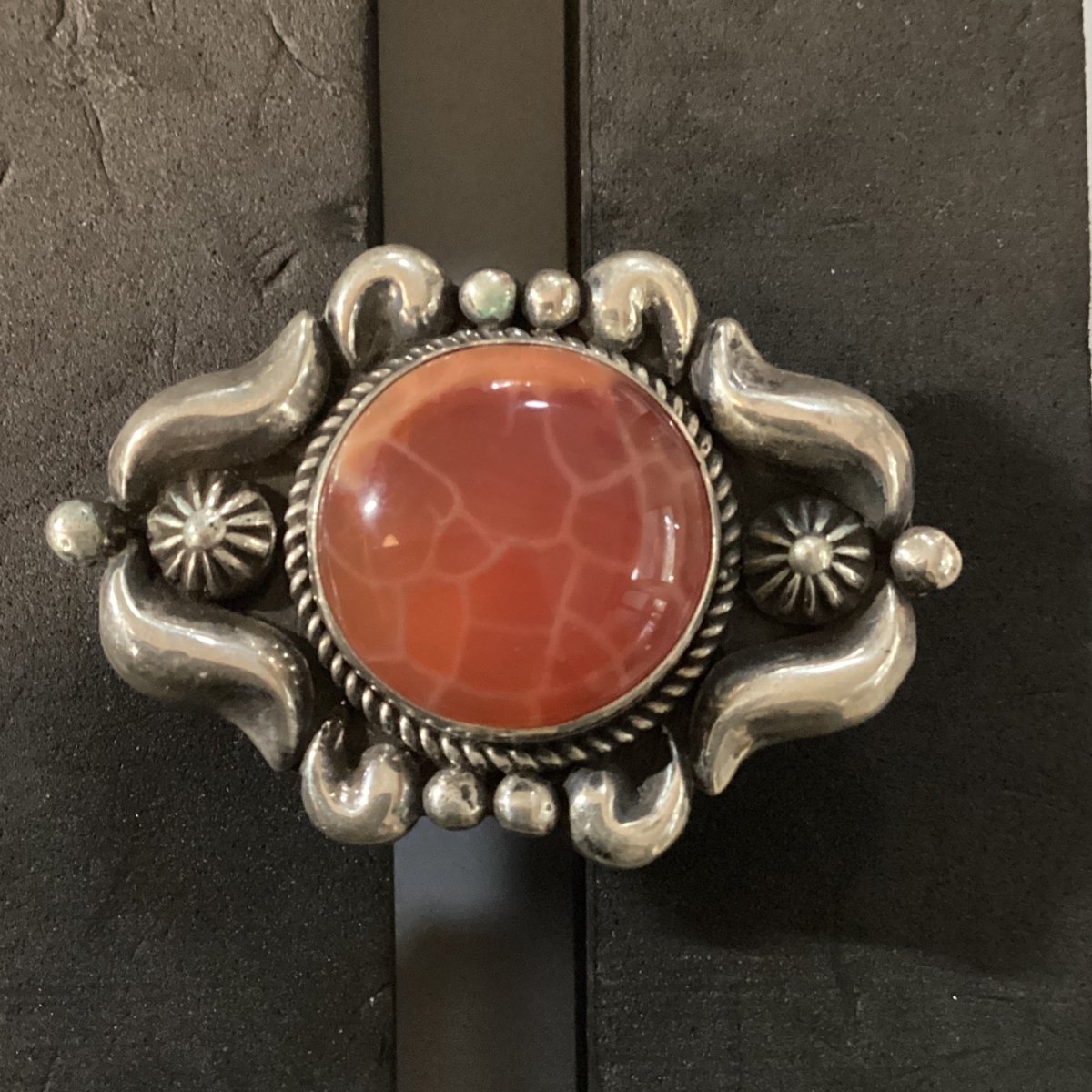 Ring, Orange Fire Agate, Repousse and Rope accents, Albert Jake - Turquoise Mustang