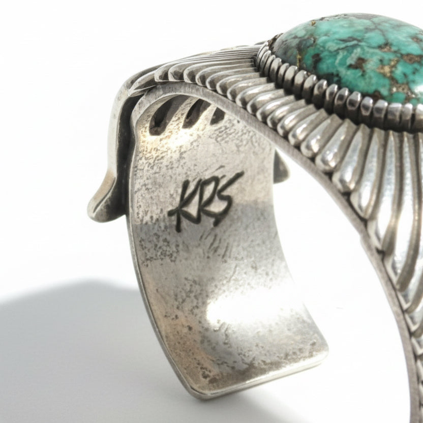 Heavy Stamped Sterling Silver Tufa Cast Cuff with Large Freeform Broken Arrow Cabachon, Kris Willie - Turquoise Mustang