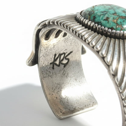 Heavy Stamped Sterling Silver Tufa Cast Cuff with Large Freeform Broken Arrow Cabachon, Kris Willie - Turquoise Mustang