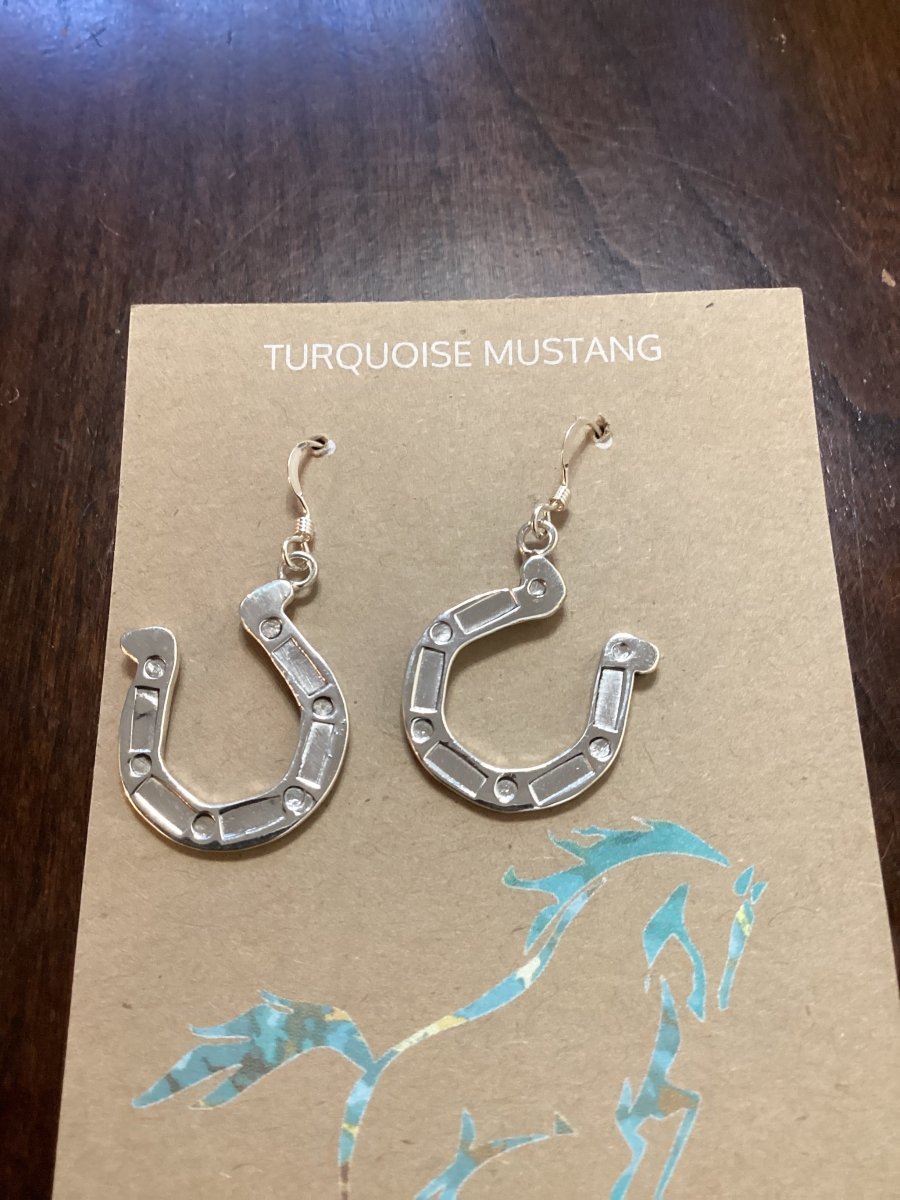 Earring, All Silver, cast horseshoes on hooks, Allison Manuelito - Turquoise Mustang