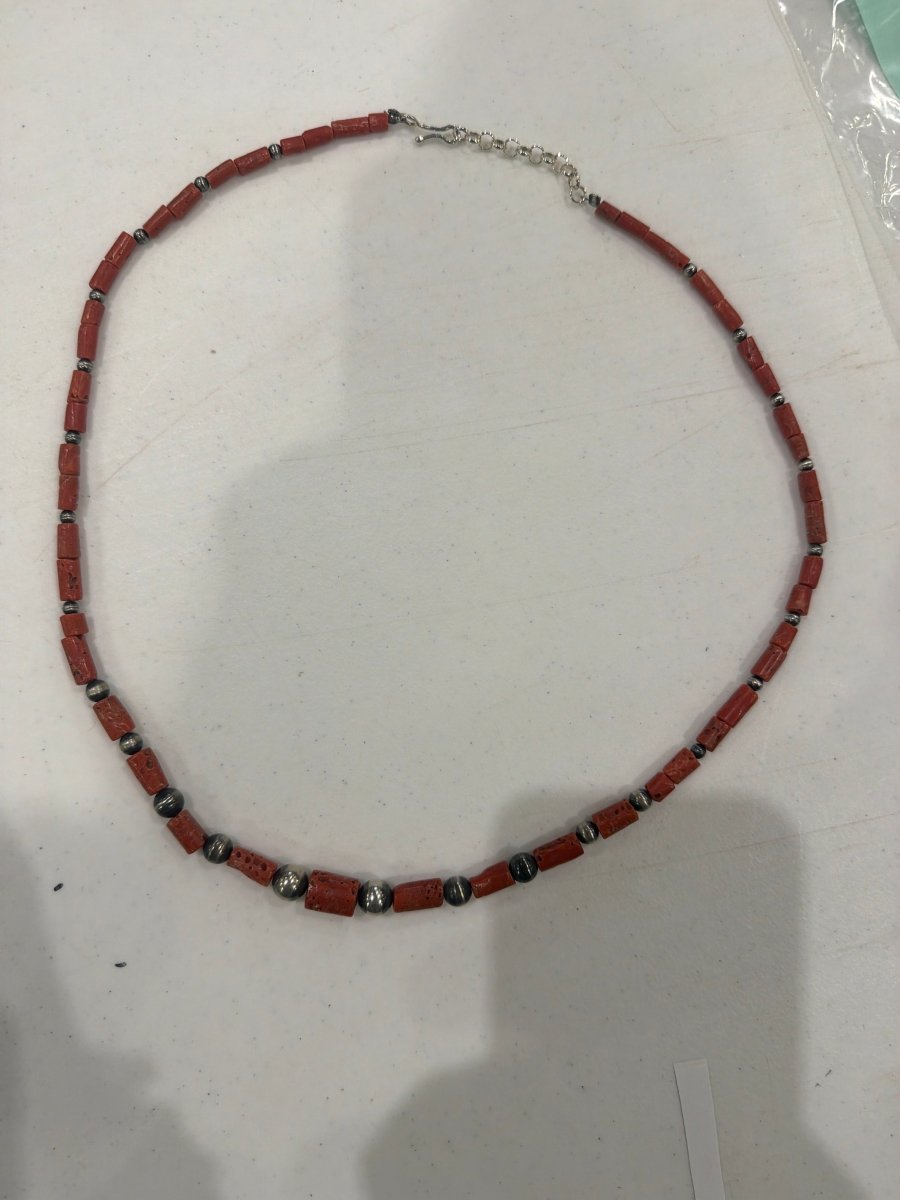 24" Graduated Red Coral Tube Necklace with Sterling Silver Beads and Coral Tubes, Handmade by Turquoise Mustang - Turquoise Mustang