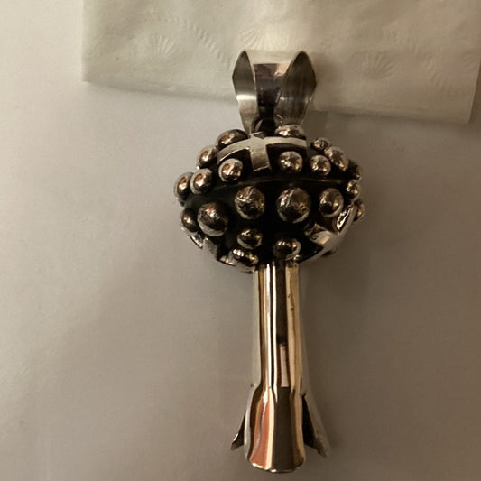 Pendant, globe style single squash blossom with raindrops and crosses, Chimney Butte - Turquoise Mustang