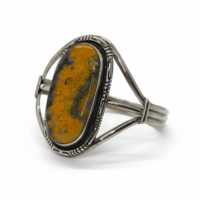 Elegant Hallmarked Sterling Silver Cuff with Large Oval Bumblebee Jasper Stone - Turquoise Mustang