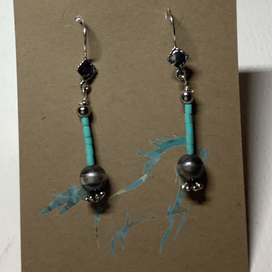Earrings, N - Pearl and Heishi Drop, Turquoise Mustang (1) - Turquoise Mustang