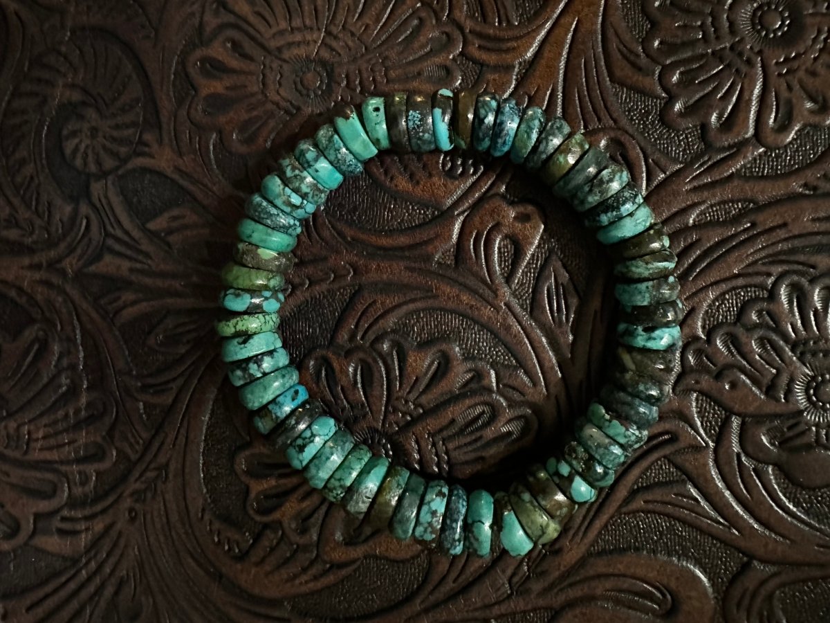 12mm Blue Cloud Mountain Turquoise Heishi Rondelle Stretch Bracelet (6.5”–8”) - Turquoise Mustang