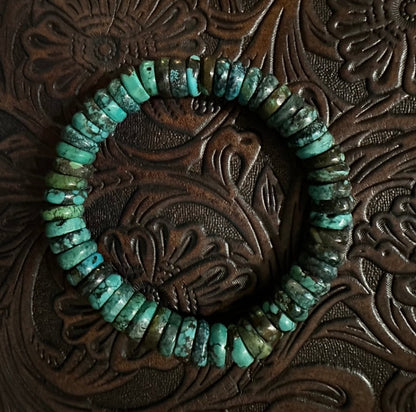 12mm Blue Cloud Mountain Turquoise Heishi Rondelle Stretch Bracelet (6.5”–8”) - Turquoise Mustang
