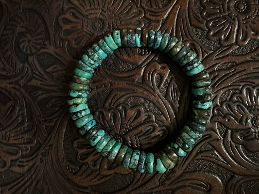 12mm Blue Cloud Mountain Turquoise Heishi Rondelle Stretch Bracelet (6.5”–8”) - Turquoise Mustang