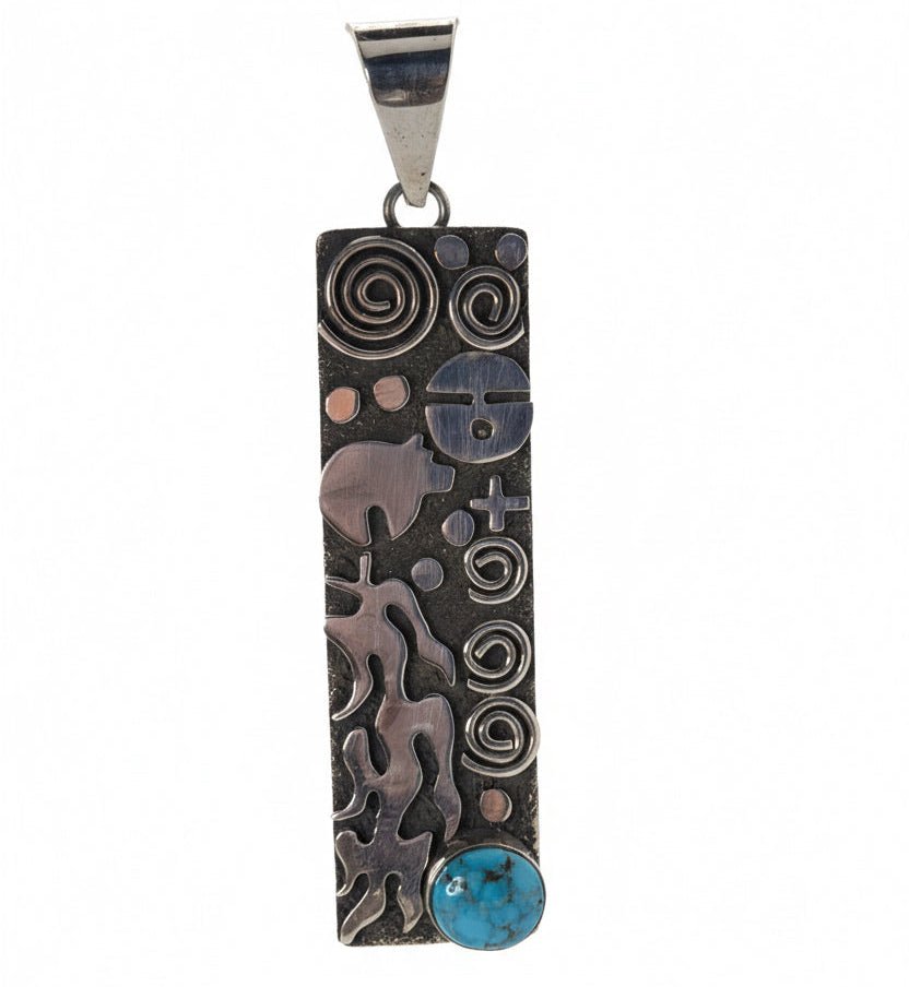 Alex Sanchez Sterling Silver Petroglyph Pendant with Round Turquoise Cabachon - Turquoise Mustang