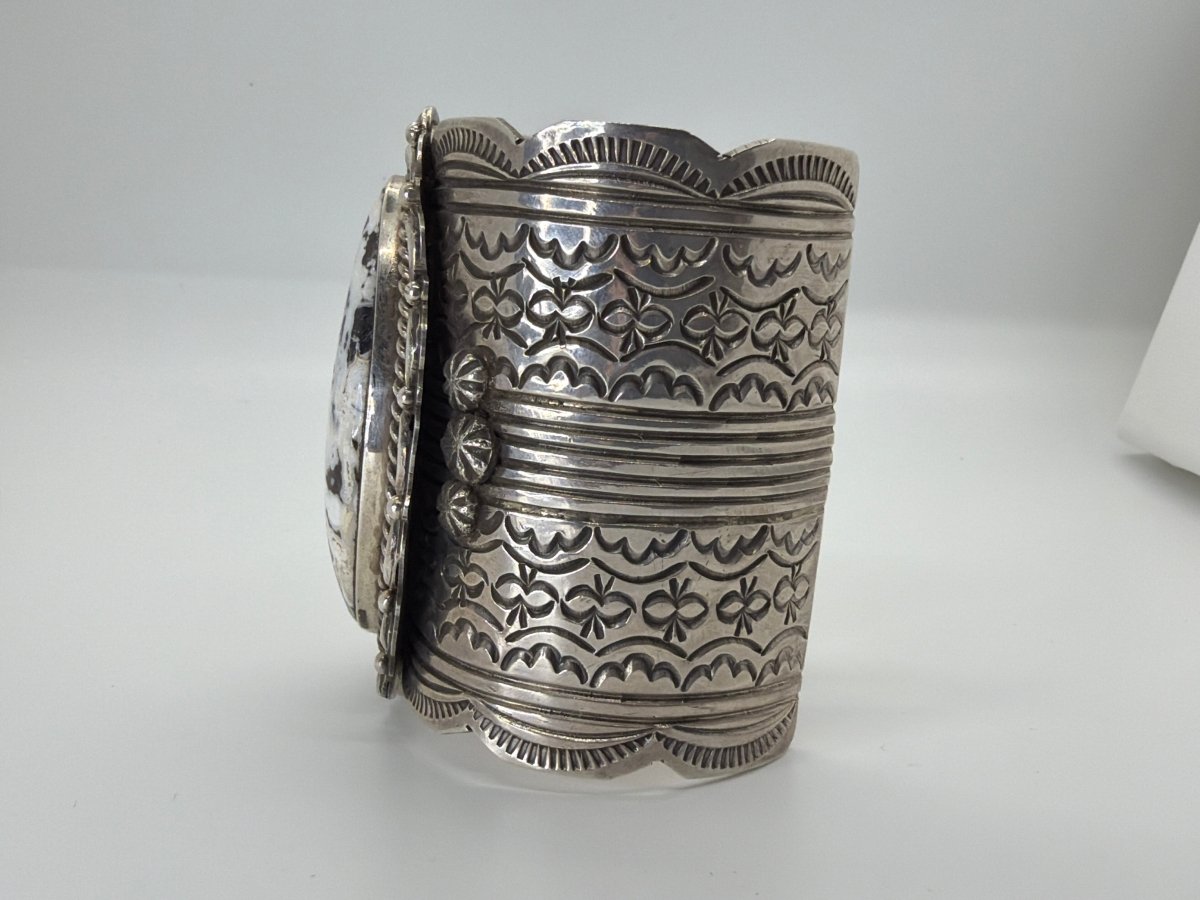Extra Wide White Buffalo Oval Sterling Silver Cuff Bracelet — Heavy Gauge — Chris Yazzie - Turquoise Mustang