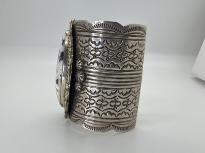 Extra Wide White Buffalo Oval Sterling Silver Cuff Bracelet — Heavy Gauge — Chris Yazzie - Turquoise Mustang
