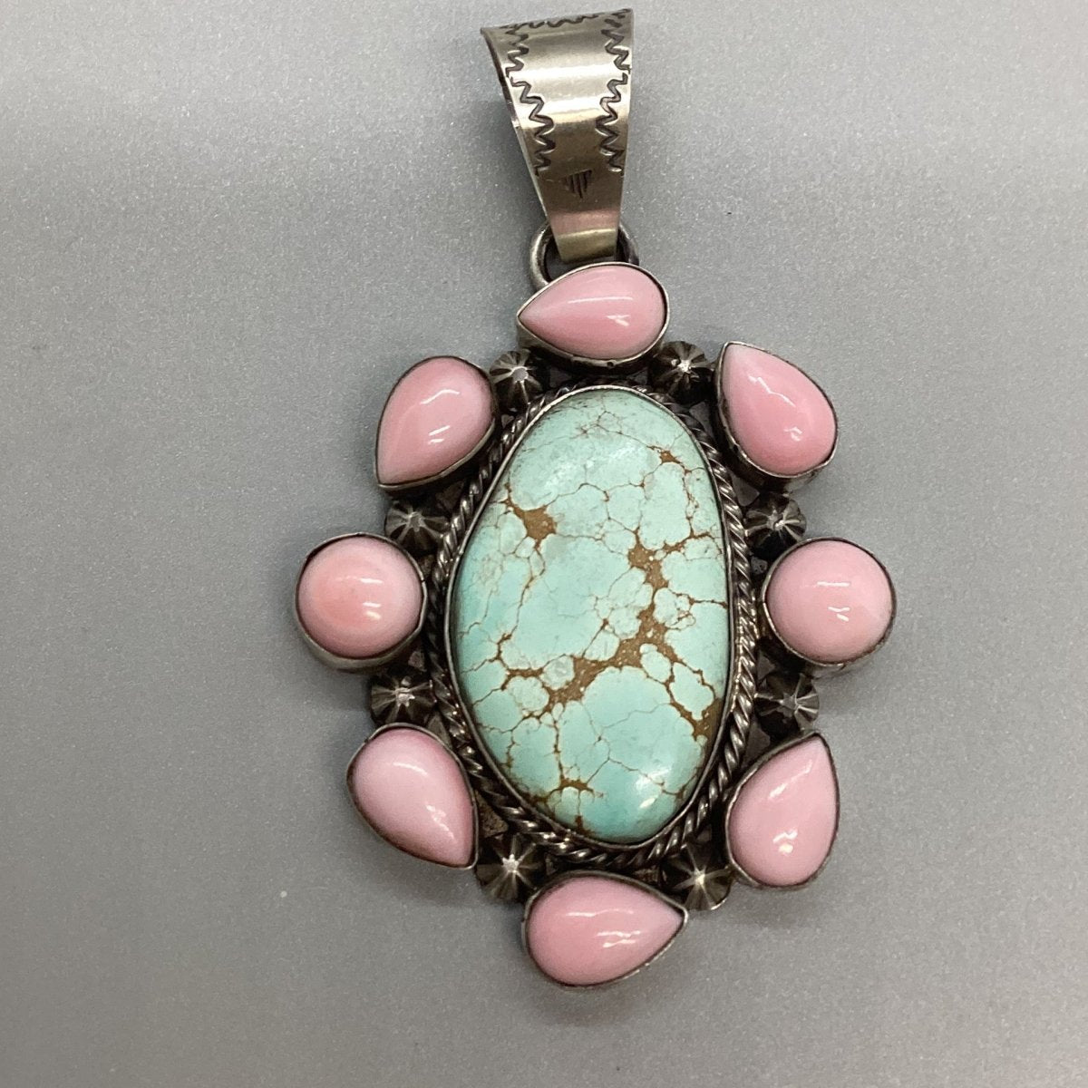 Pendant, 9 stone, Number 8 and Pink Conch bezel, Cluster, Large, Peterson Johnson - Turquoise Mustang